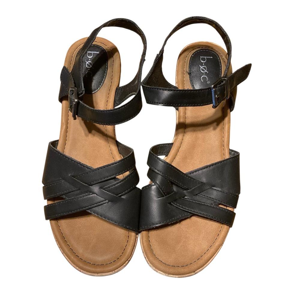 b.o.c. Born Concept Black Strappy Cork Wedge Sandals Womens 8M BC0003209